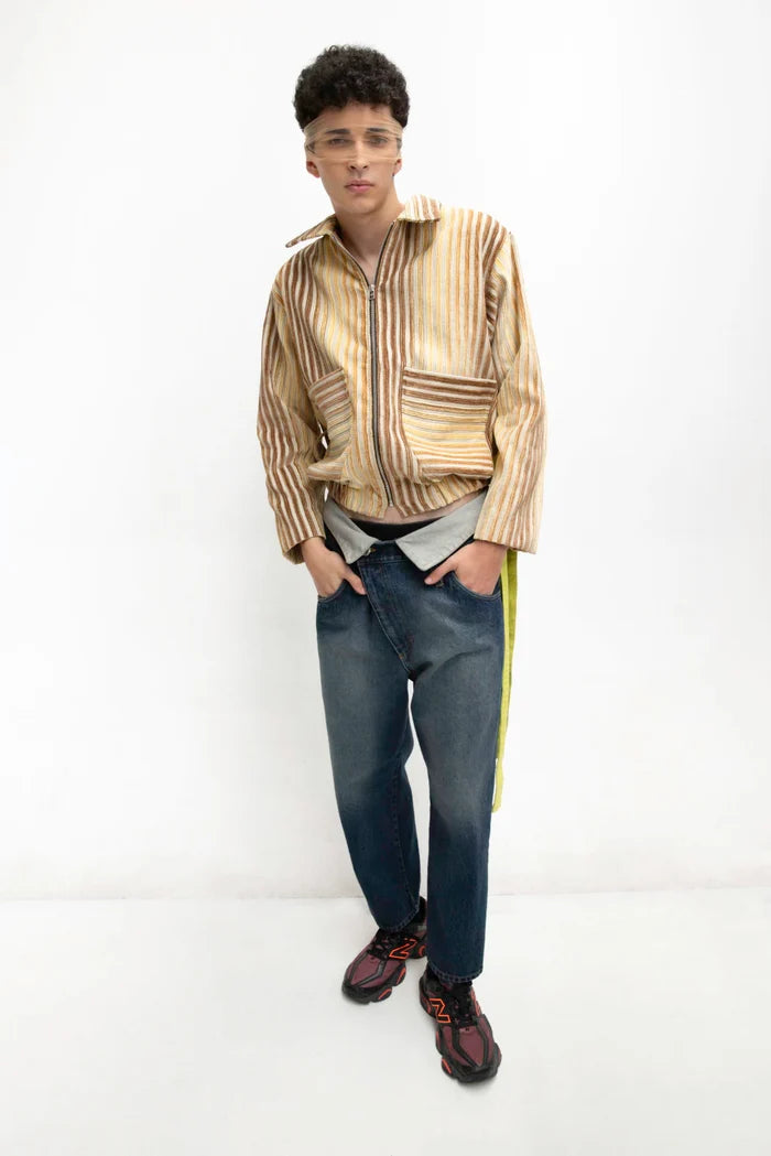 MANCANDY Warm Bomber Jacket in woven striped gabardine with embroidered back artwork and cropped silhouette.
