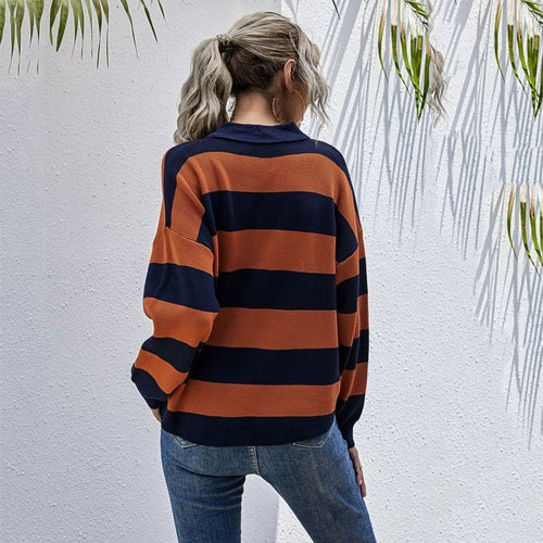 Half Placket Striped Sweater - foxberryparkproducts