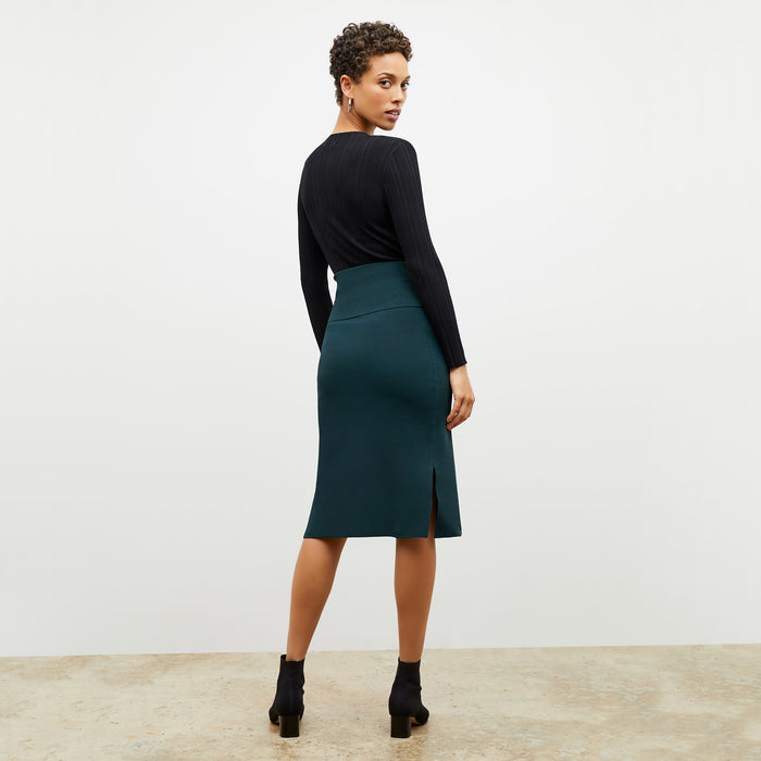 Image of a woman wearing the Harlem Skirt - Jardigan Knit in Deep Sea