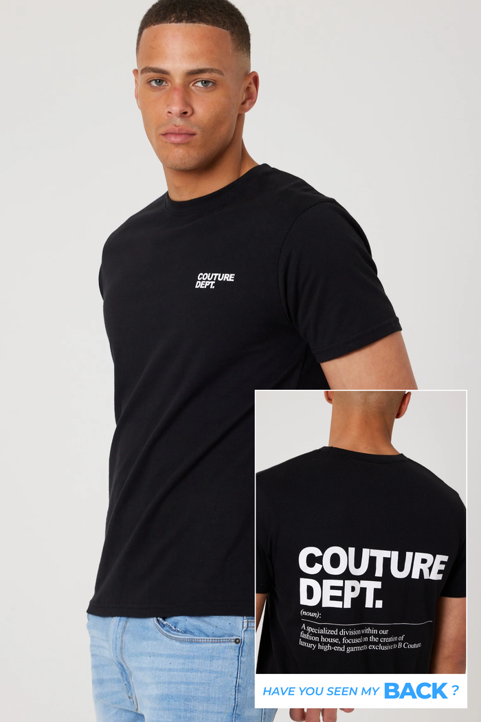 A man wears the Haydon Walk Regular Fit Cotton T-Shirt in Black/White with "Couture Dept." on the chest. An inset shows the back’s bold text and definition-style graphic: "Have you seen my BACK?" A versatile staple for any wardrobe.