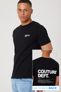 A man wears the Haydon Walk Regular Fit Cotton T-Shirt in Black/White with "Couture Dept." on the chest. An inset shows the back’s bold text and definition-style graphic: "Have you seen my BACK?" A versatile staple for any wardrobe.