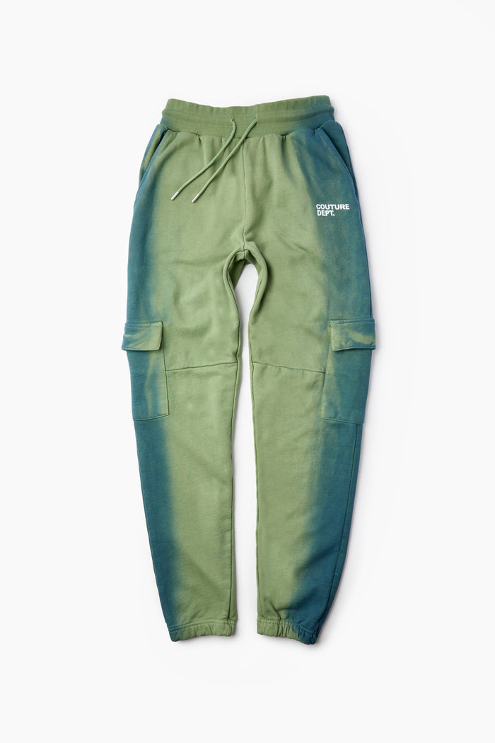 Heavy Weight Oversized Couture Department Joggers in green, featuring a tapered leg, side pockets, elastic cuffs, drawstring waist, and Couture Dept. logo on the upper left thigh, shown flat on a white background.