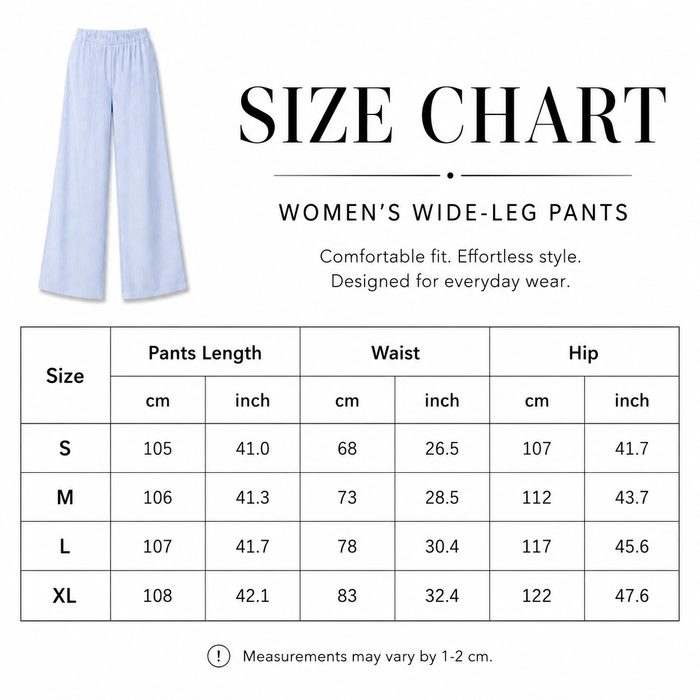 Women's wide leg pants size chart with S to XL measurements for pants length, waist and hip in centimeters and inches.