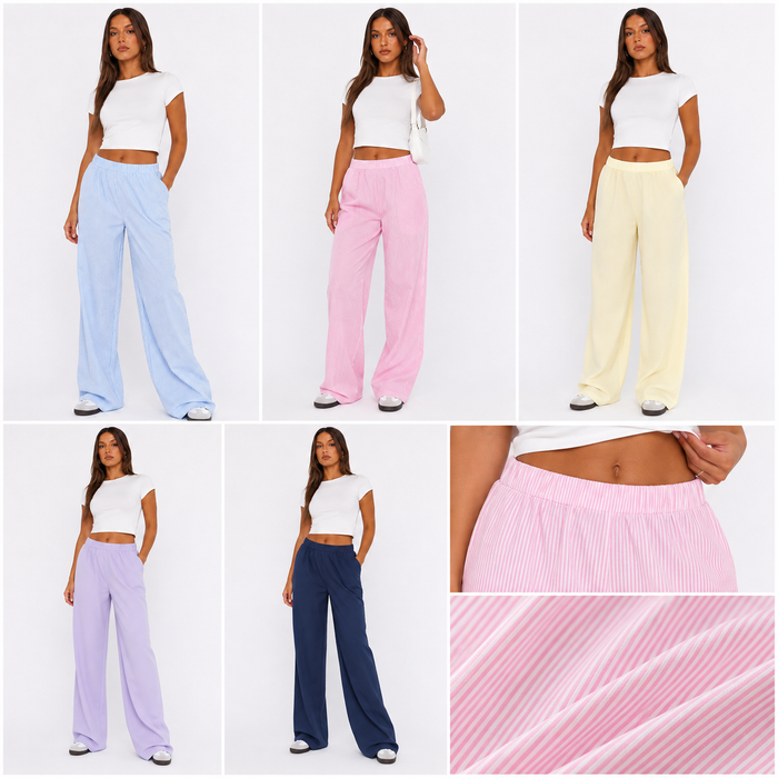 Women's wide leg pants collage showing blue, pink, yellow, purple and navy color options with waistband and fabric close-ups.