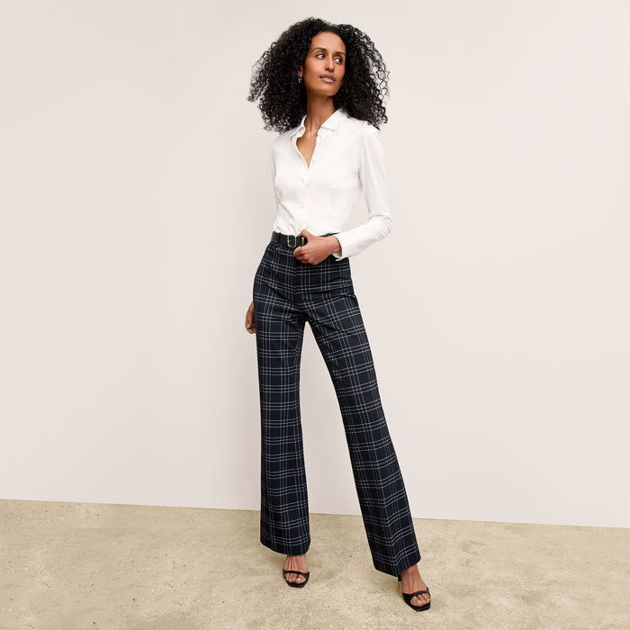 front image of a woman wearing the horton pant in black/white | Lead