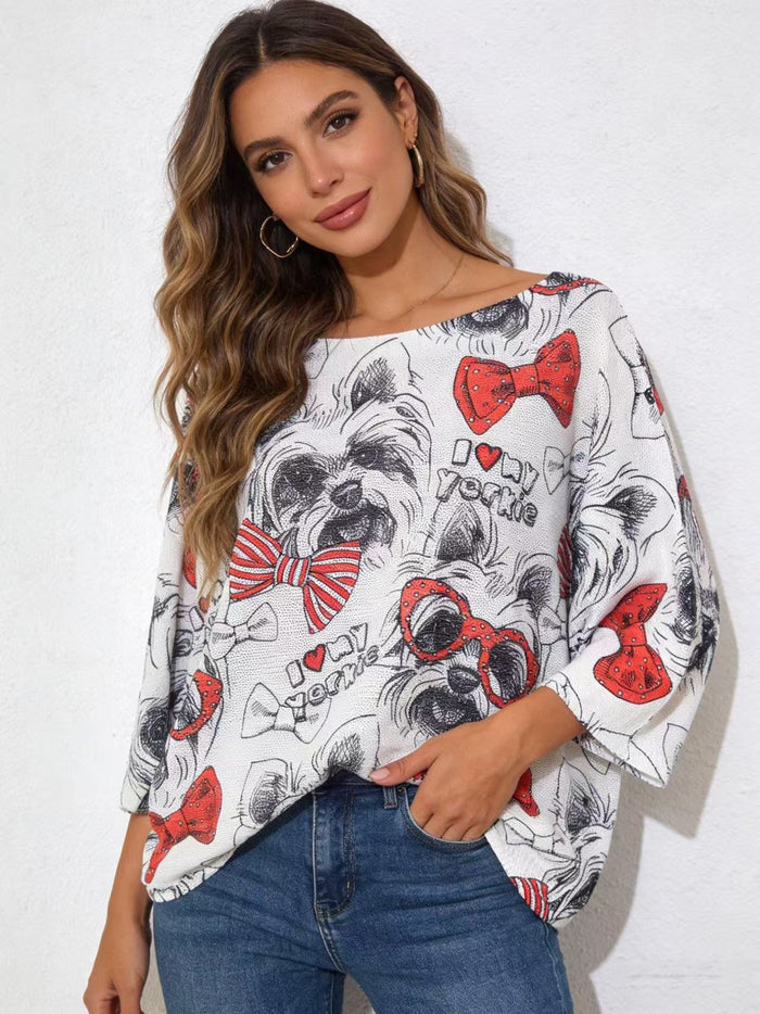 Women's graphic knit sweater featuring a multicolor Yorkie illustration with red bow and glasses accents.