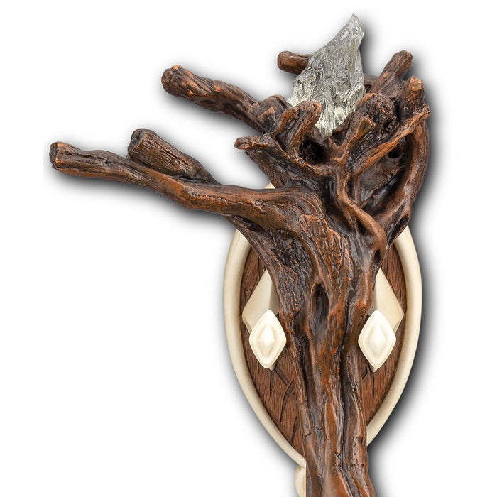 Illuminated Moria Staff of Gandalf has poly resin twisted roots holding removable LED crystal, includes display plaque