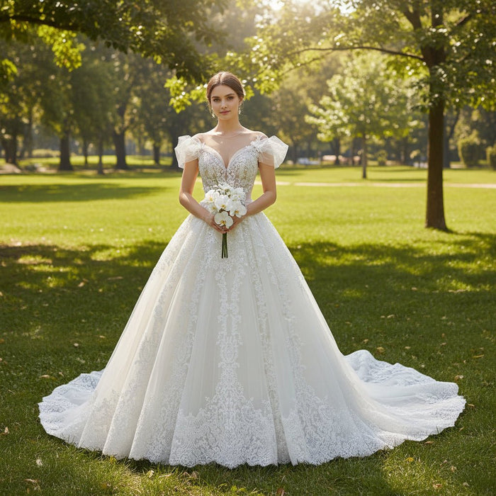 Illusion Lace Applique Bridal Gown Sheer Bodice Wedding Dress - Rosymae