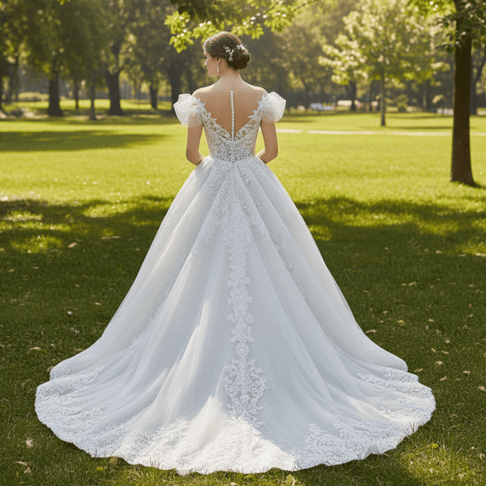 Illusion Lace Applique Bridal Gown Sheer Bodice Wedding Dress - Rosymae