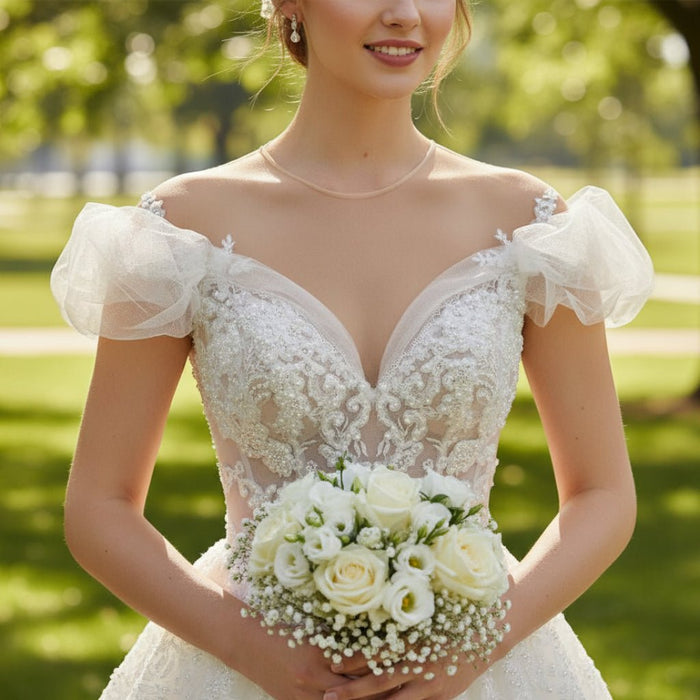 Illusion Lace Applique Bridal Gown Sheer Bodice Wedding Dress - Rosymae
