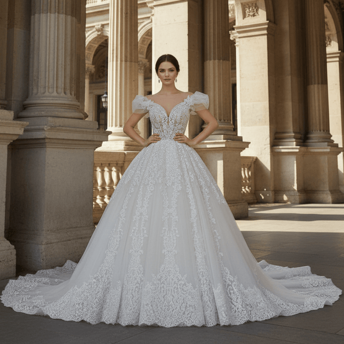 Illusion Lace Applique Bridal Gown Sheer Bodice Wedding Dress - Rosymae