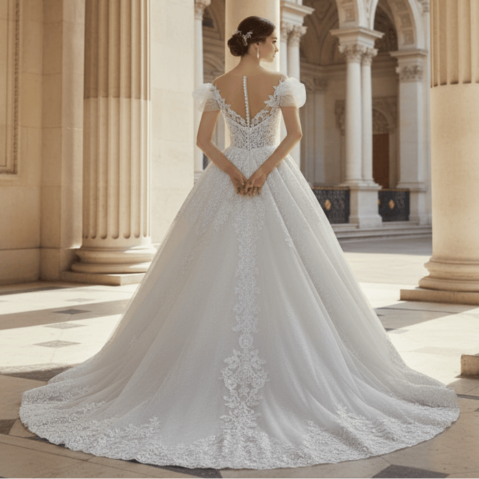 Illusion Lace Applique Bridal Gown Sheer Bodice Wedding Dress - Rosymae
