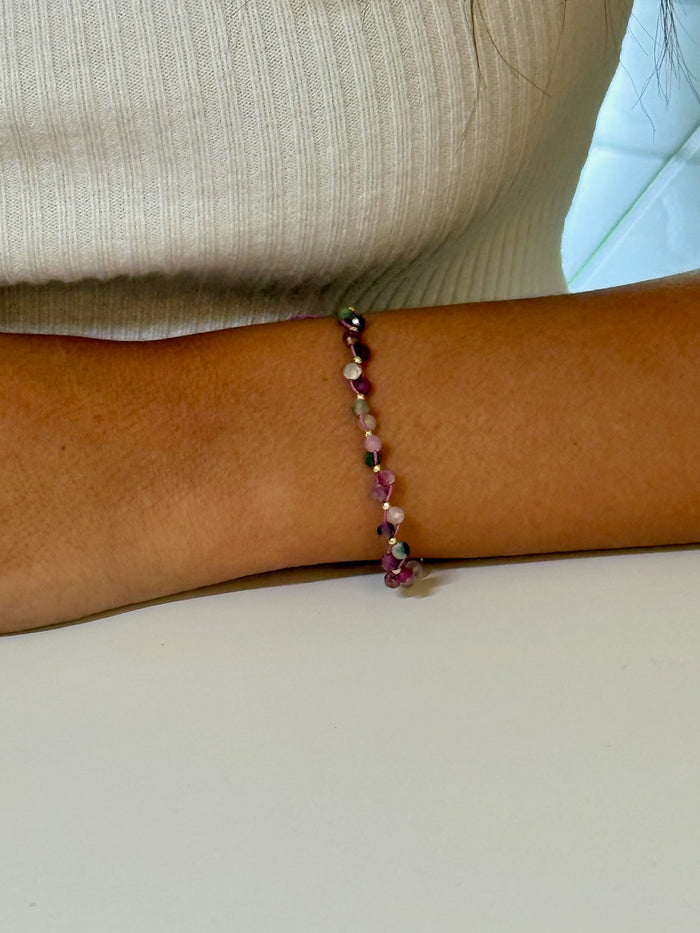 Purple multicolor tourmaline bracelet being worn