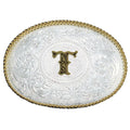 Initial T Silver Engraved Gold Trim Western Belt Buckle