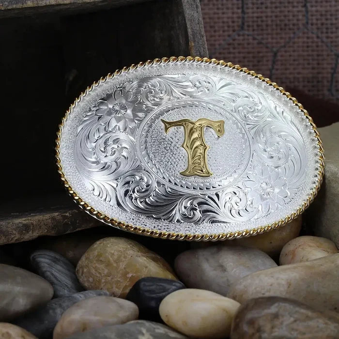 Initial T Silver Engraved Gold Trim Western Belt Buckle