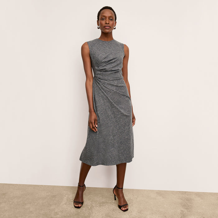 front image of a woman wearing the jeannine dress in black/white | Lead