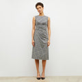 Front image of a woman wearing the jeannine dress in plaid sharkskin | Lead