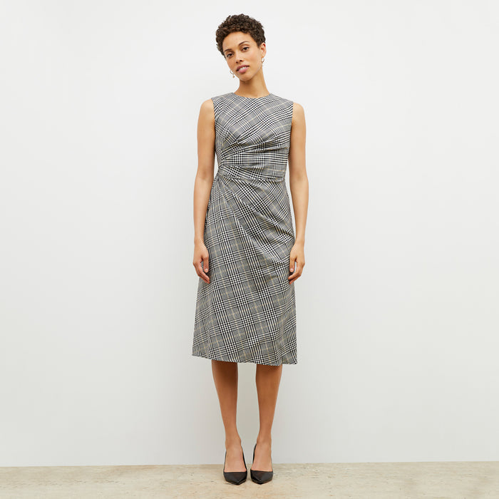 Front image of a woman wearing the jeannine dress in plaid sharkskin | Lead
