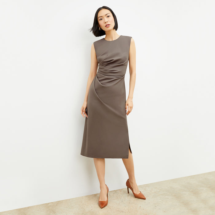 Front image of a woman wearing the Jeannine Dress in Mink | Lead