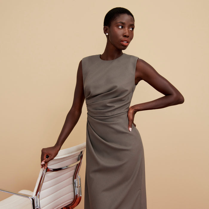 Front image of a woman wearing the Jeannine Dress in Mink