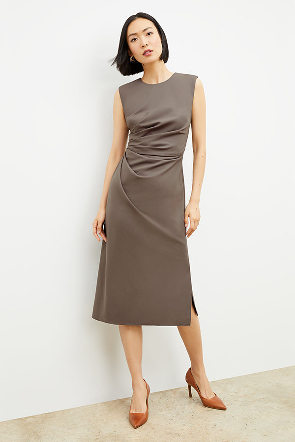 Front image of a woman wearing the Jeannine Dress in Mink | Grid | Exclude