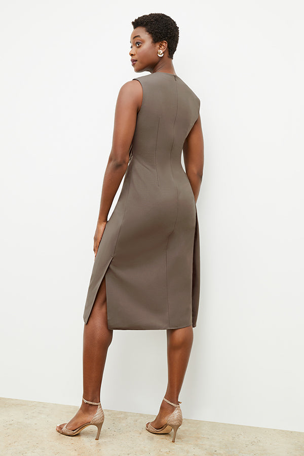 Back image of a woman wearing the Jeannine Dress in Mink | Exclude