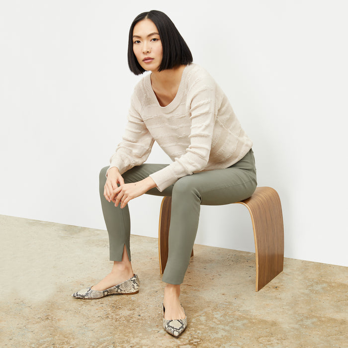 front image of a woman wearing the jo sweater in moonbeam