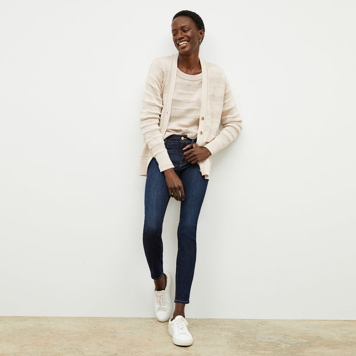 front image of a woman wearing the jo sweater in moonbeam