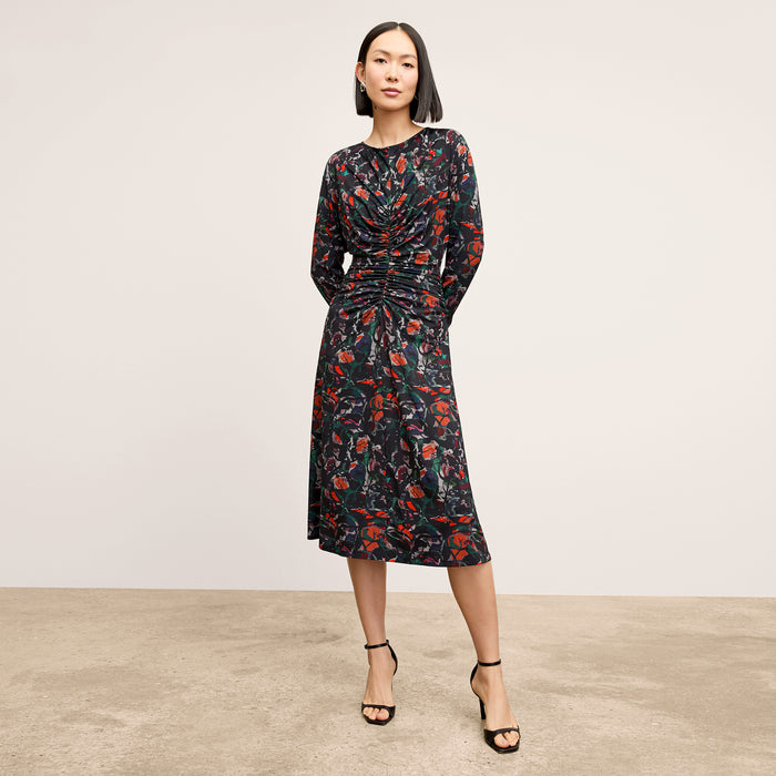 front image of a woman wearing the johnna dress in splatter pop | Lead
