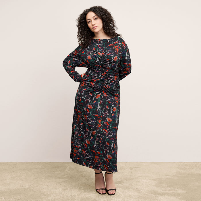 front image of a woman wearing the johnna dress in splatter pop