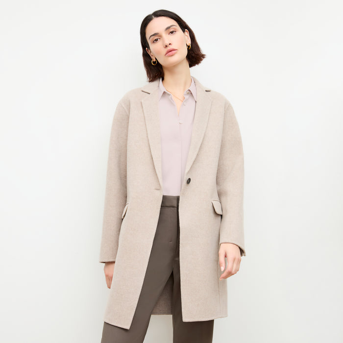 Front image of a woman wearing the kasha coat in stone melang | Lead