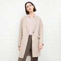 Front image of a woman wearing the kasha coat in stone melang | Lead