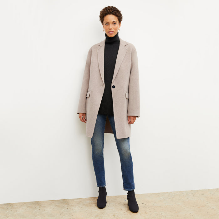 Front image of a woman wearing the kasha coat in stone melange | Lead