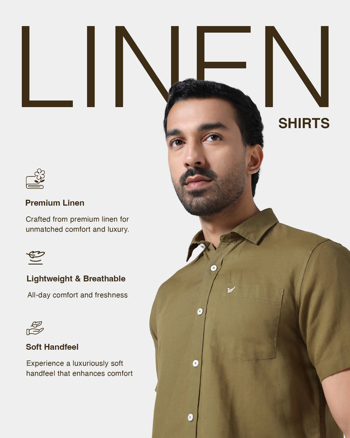 Khaki Half Sleeve Linen Solid Shirt - Cleo