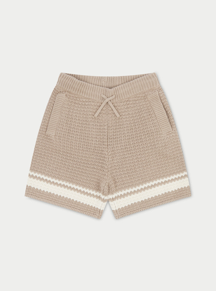 KIDS CROCHET KNITTED CONTRAST STRIPE SHORTS - BROWN
