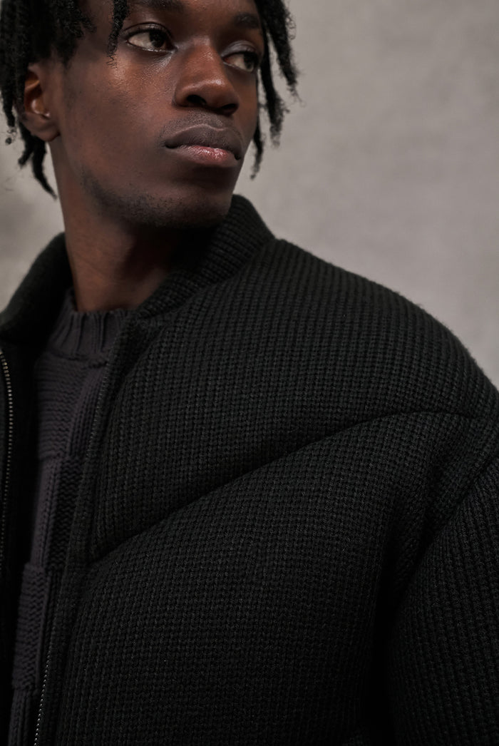KNITTED CHEVRON PANELLED PUFFER COAT - BLACK