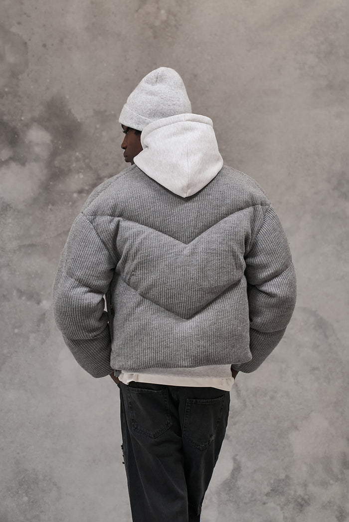 KNITTED CHEVRON PANELLED PUFFER COAT - GREY MARL