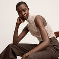 Front image of a woman wearing the Koa Top in Space Dye Rib Knit Brown Multi | Lead