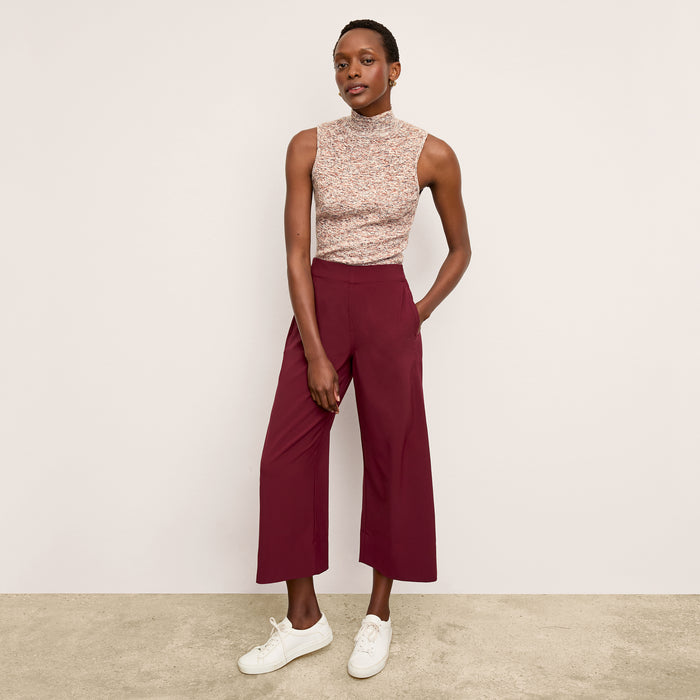 Front image of a woman wearing the Koa Top in Space Dye Rib Knit Brown Multi