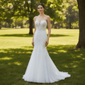 Lace Appliques Sheer Back Mermaid Wedding Dress - Rosymae