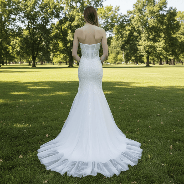 Lace Appliques Sheer Back Mermaid Wedding Dress - Rosymae