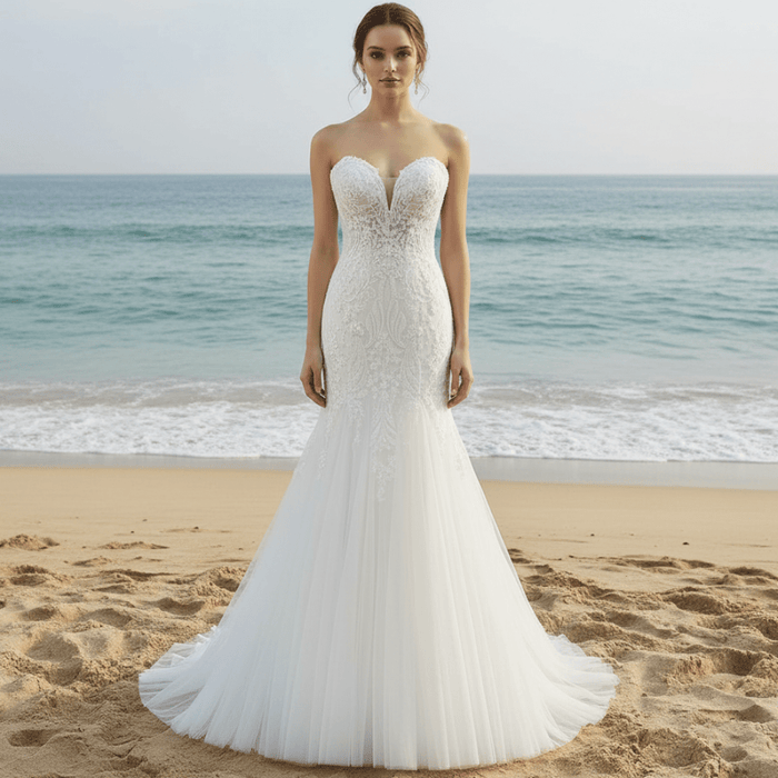 Lace Appliques Sheer Back Mermaid Wedding Dress - Rosymae