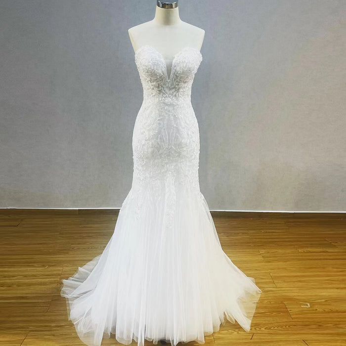 Lace Appliques Sheer Back Mermaid Wedding Dress - Rosymae