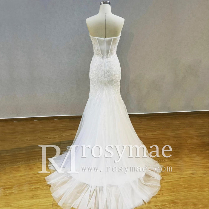 Lace Appliques Sheer Back Mermaid Wedding Dress - Rosymae