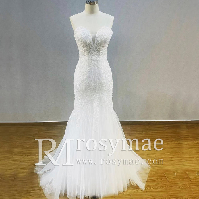 Lace Appliques Sheer Back Mermaid Wedding Dress - Rosymae
