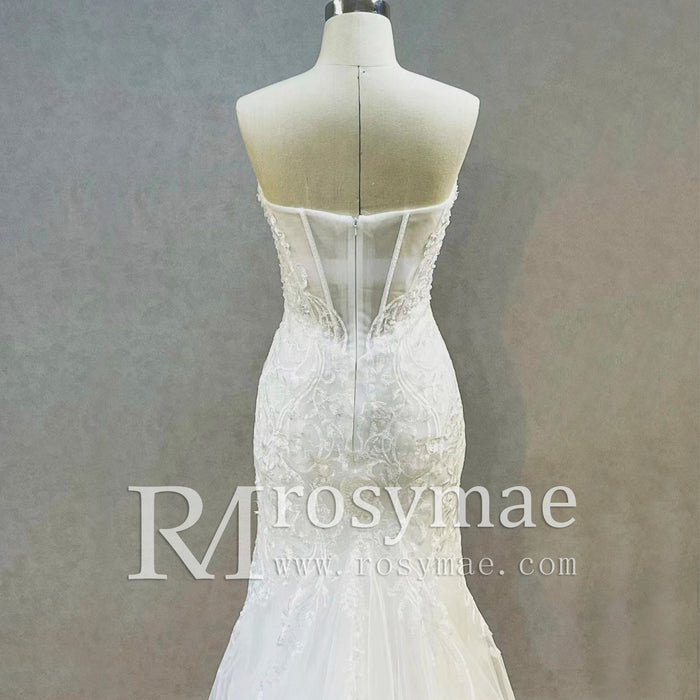 Lace Appliques Sheer Back Mermaid Wedding Dress - Rosymae