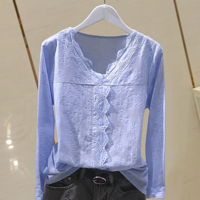 Lace Cotton Women Blouse V-Neck Long-Sleeved Slim Solid Lady Elegant - foxberryparkproducts