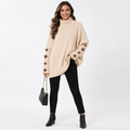 Apricot women's high-neck knit sweater with floral sleeve details shown full-body on a clean white studio background.
