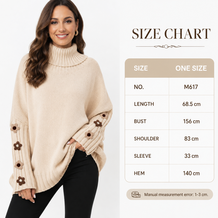 Apricot women's knit sweater shown with One Size chart: length 68.5 cm, bust 156 cm, shoulder 83 cm, sleeve 33 cm, hem 140 cm.