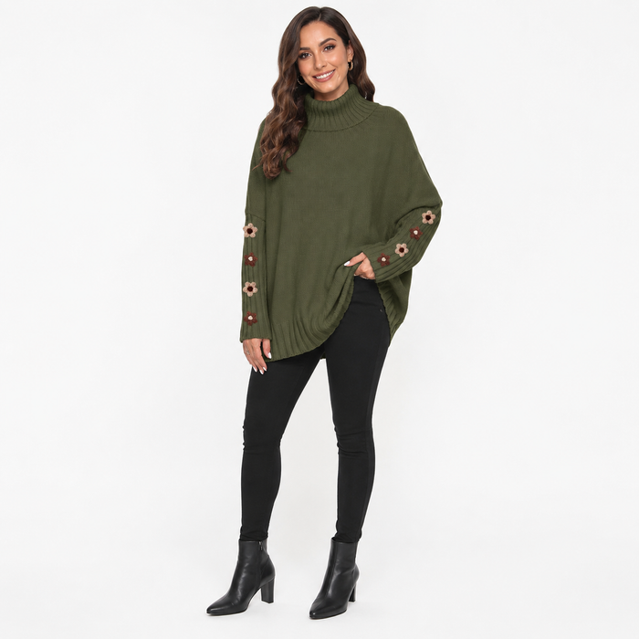 Army green women's high-neck knit sweater with floral sleeve details shown full-body on a clean white studio background.